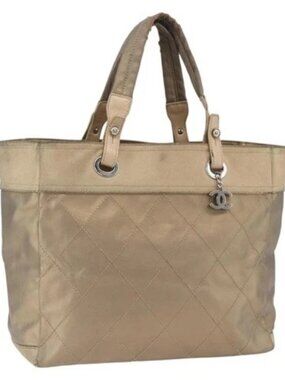 CHANEL Paris Biarritz MM Tote Bag Coated Canvas Gold CC Auth 168522